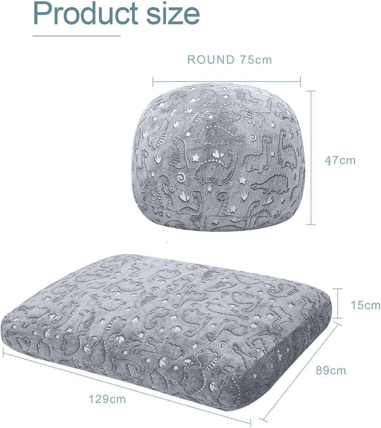 Kids Bean Bag Chair Bed Grey Dinosaur | Sofa Lounger Washable 75x75cm