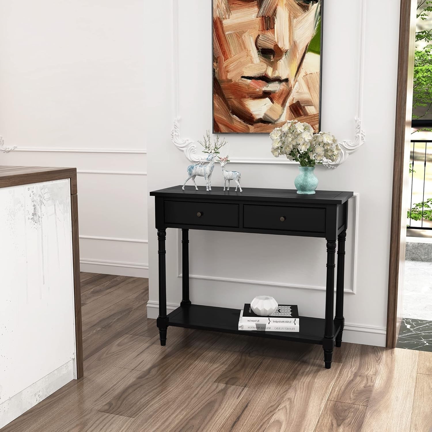 Solid Wood Console Table Black 2 Drawers Shelf Narrow Entryway 90cm
