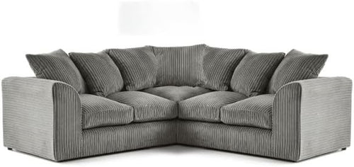 Grey Jumbo Cord L-Shape Corner Sofa with Plush Cushions & Removable Cover