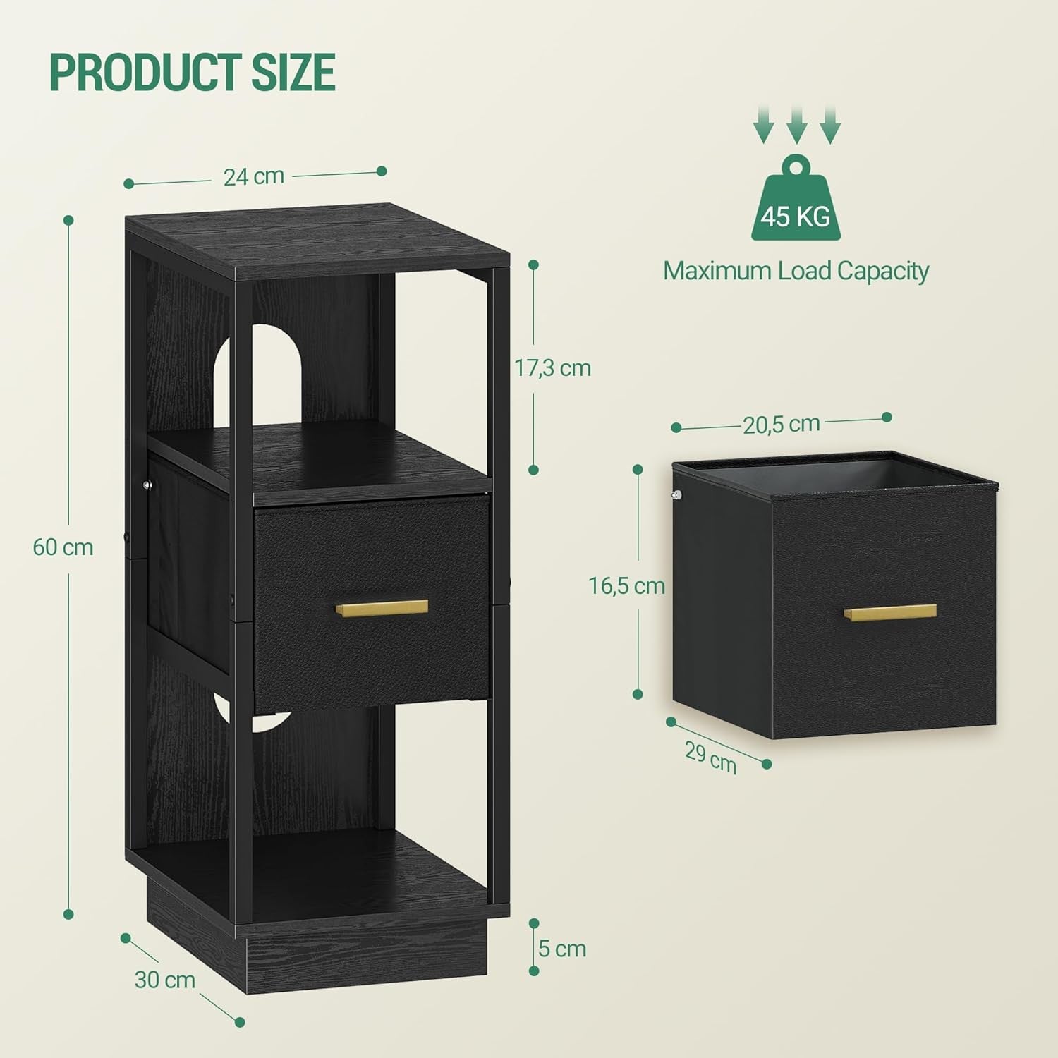 Set of 2 Slim Black Bedside Tables – Modern Narrow Nightstands with Drawer & She