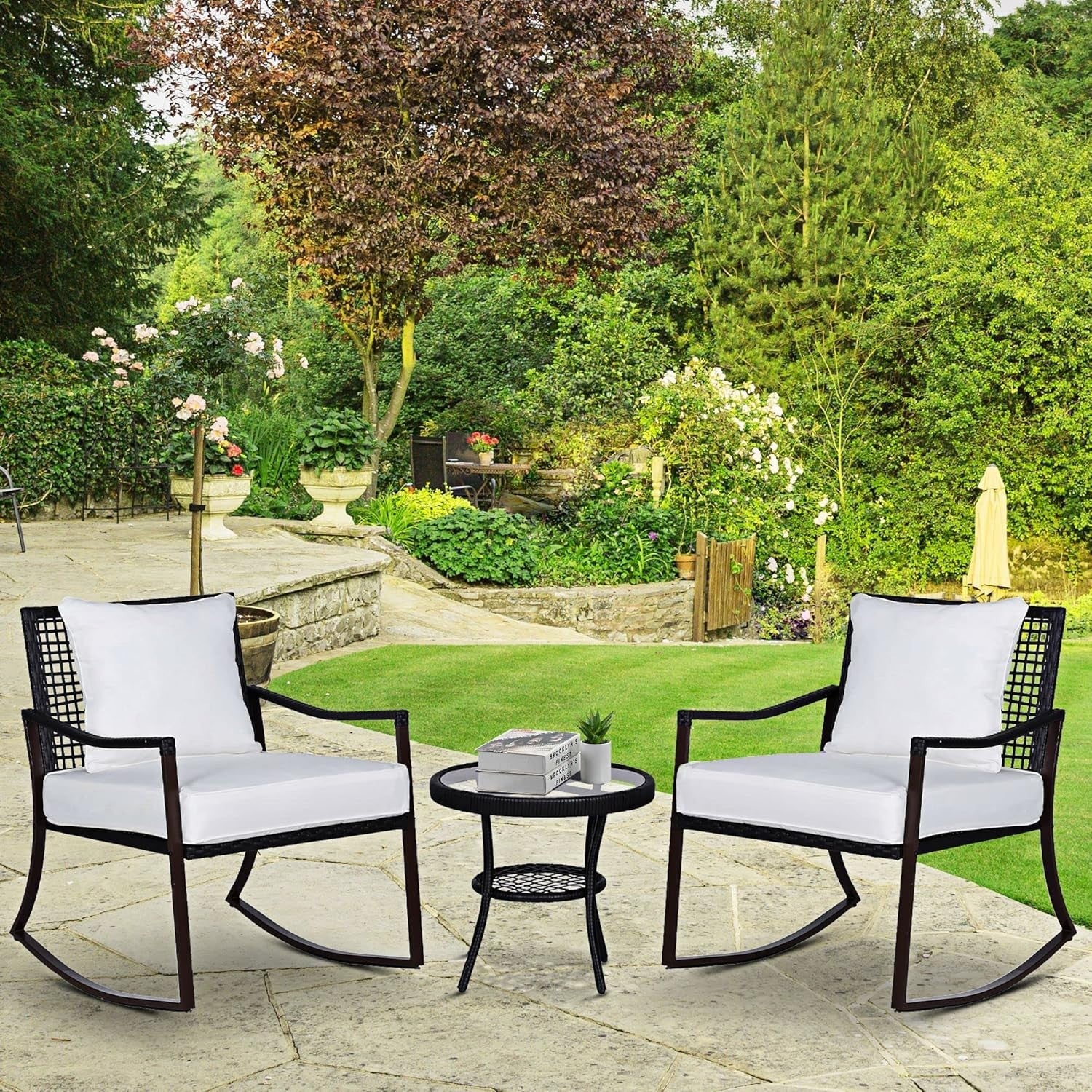 Rocking Rattan Bistro Set 3PC Armchairs Round Glass Table Cushioned Patio