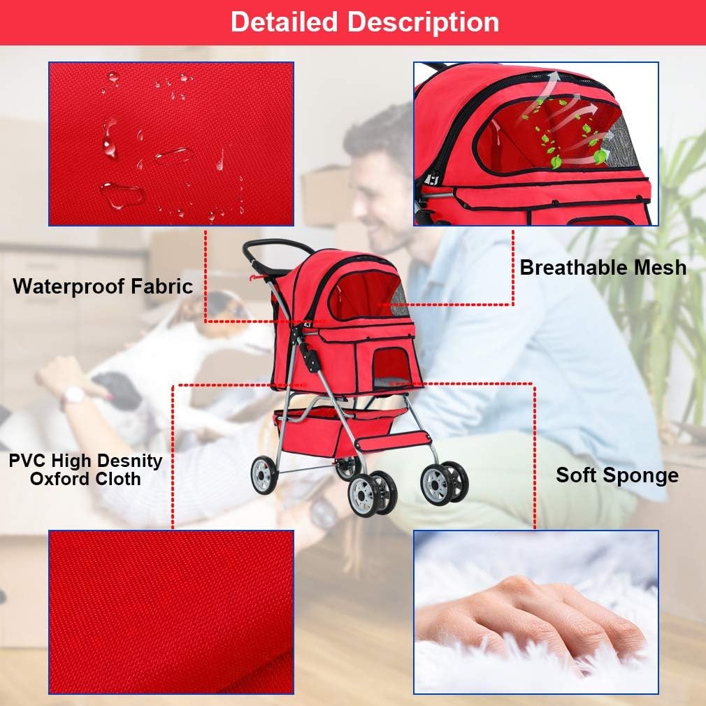 Pet Stroller Dog Cat Pushchair 4 Wheel Foldable Travel Carrier Mesh Red