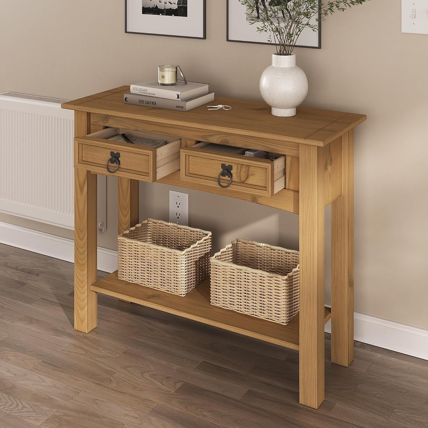 Mexican Pine Console Table 2 Drawer Rustic Hallway Unit 90cm Solid Wood