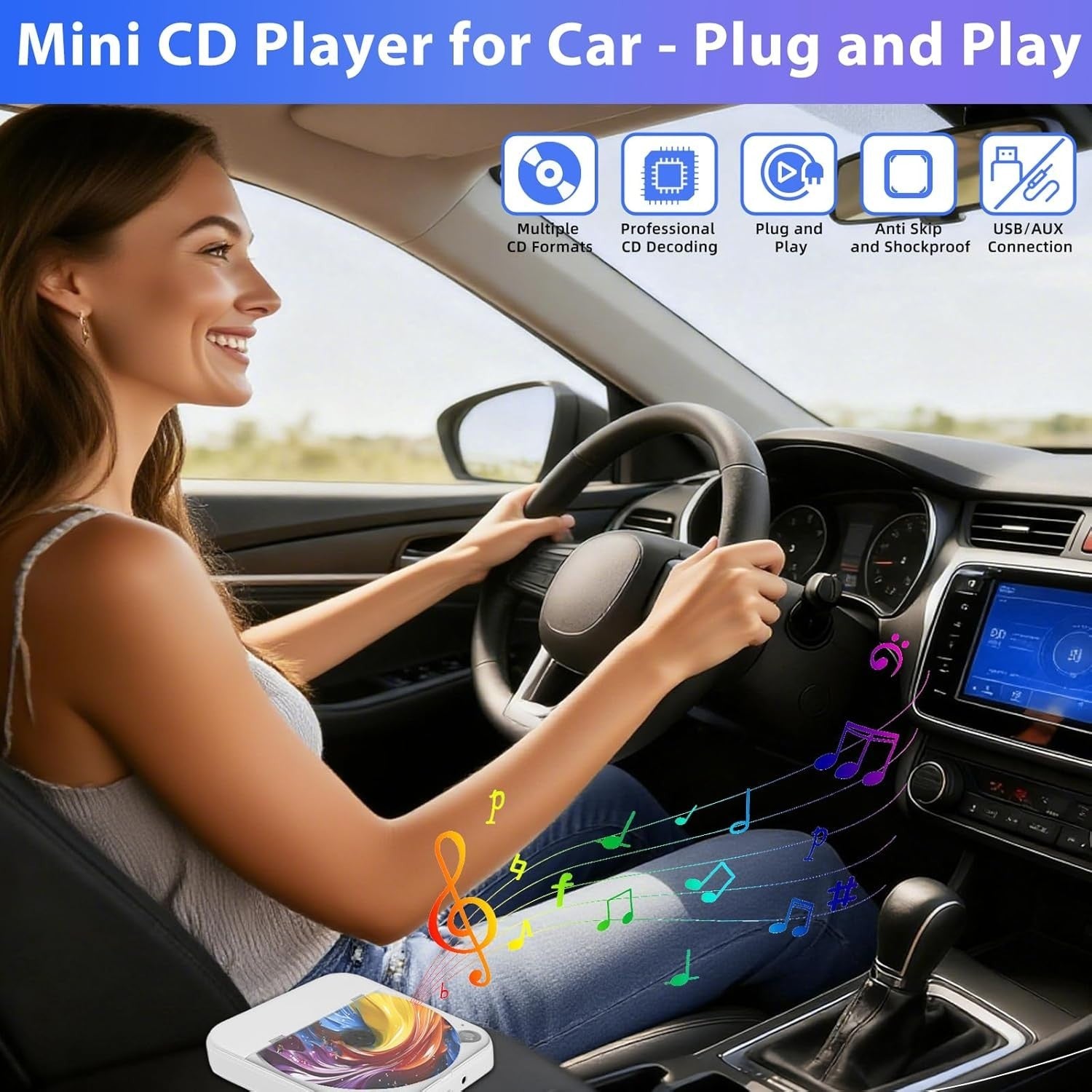 Car USB CD Player Portable Plug & Play AUX Remote Anti Vibration White