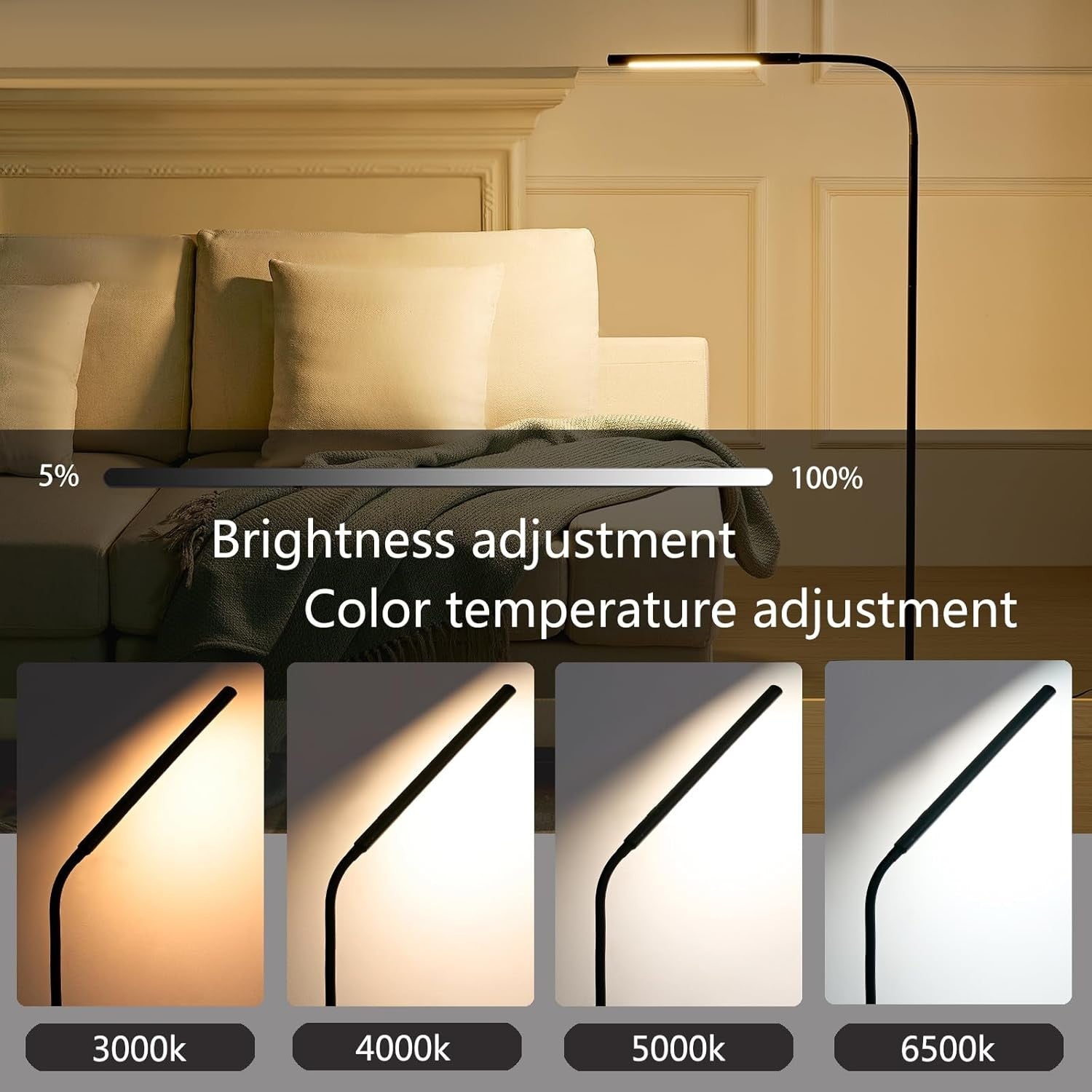 LED Floor Lamp Dimmable Adjustable Reading Light Remote Touch Timer Black