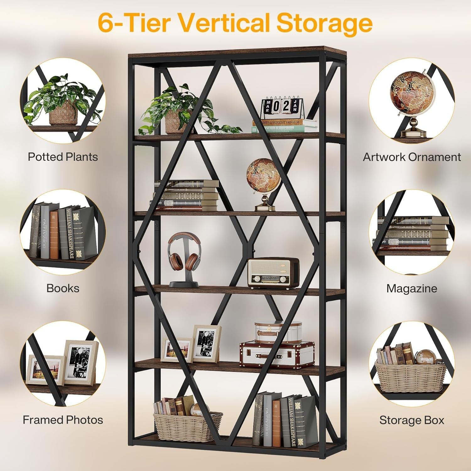 71-Inch Industrial 6-Tier Tall Bookshelf | Rustic Wood & Metal Display Shelving