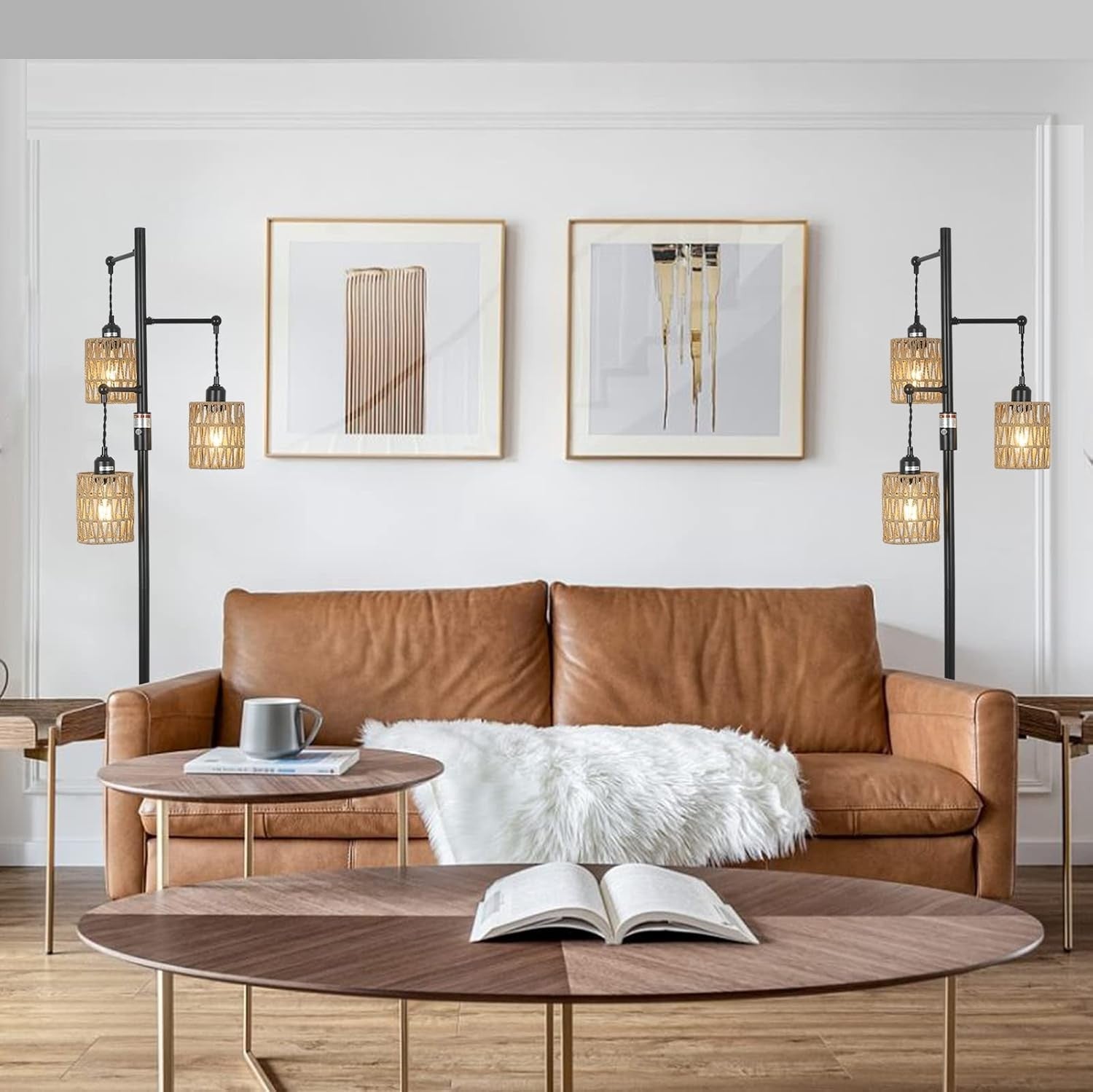Dimmable Rattan Floor Lamp 3 Light Boho Tall Standing Lamp Stepless Dimmer