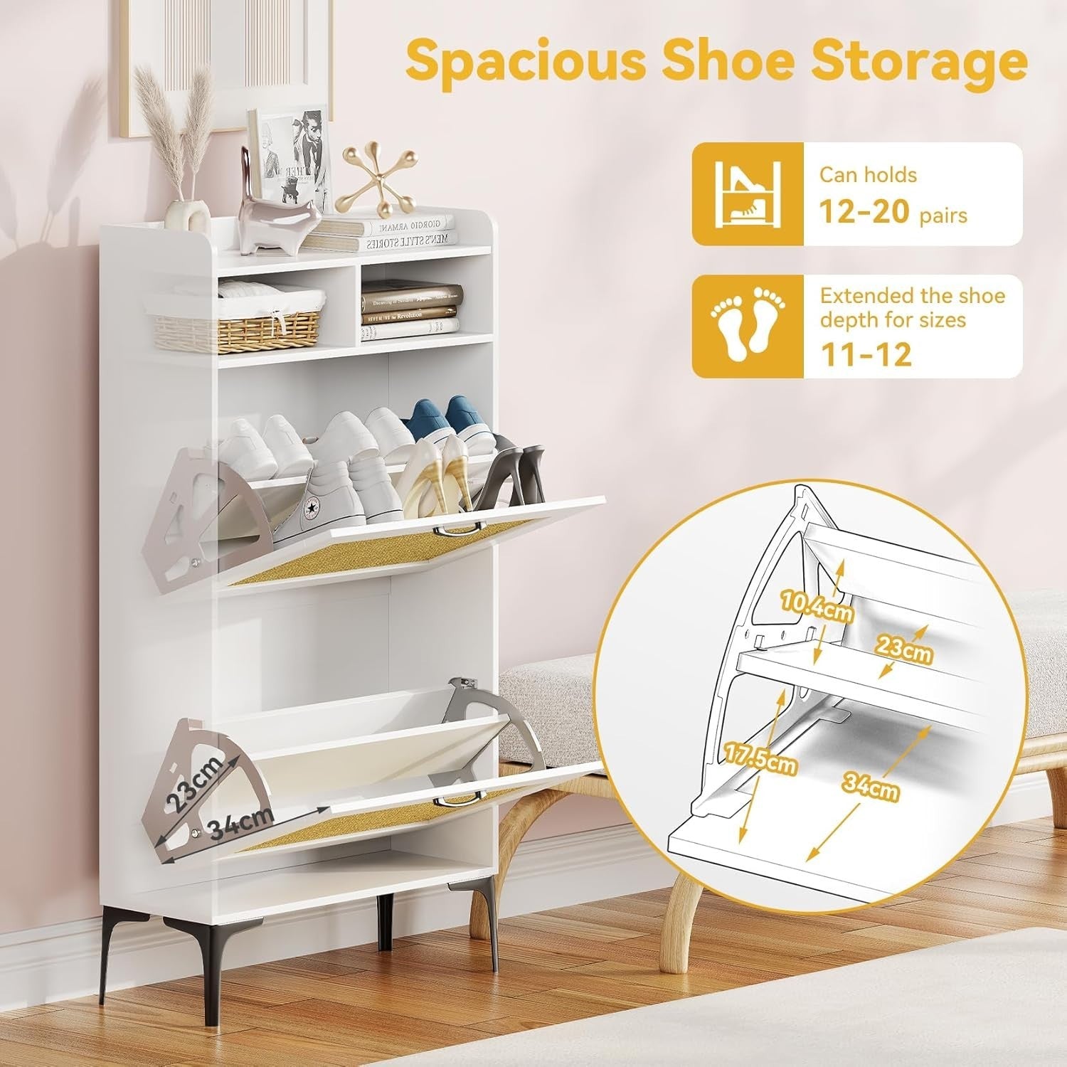 Compact Rattan White Shoe Cabinet 2 Flip Drawers + Open Storage 60x24x114cm
