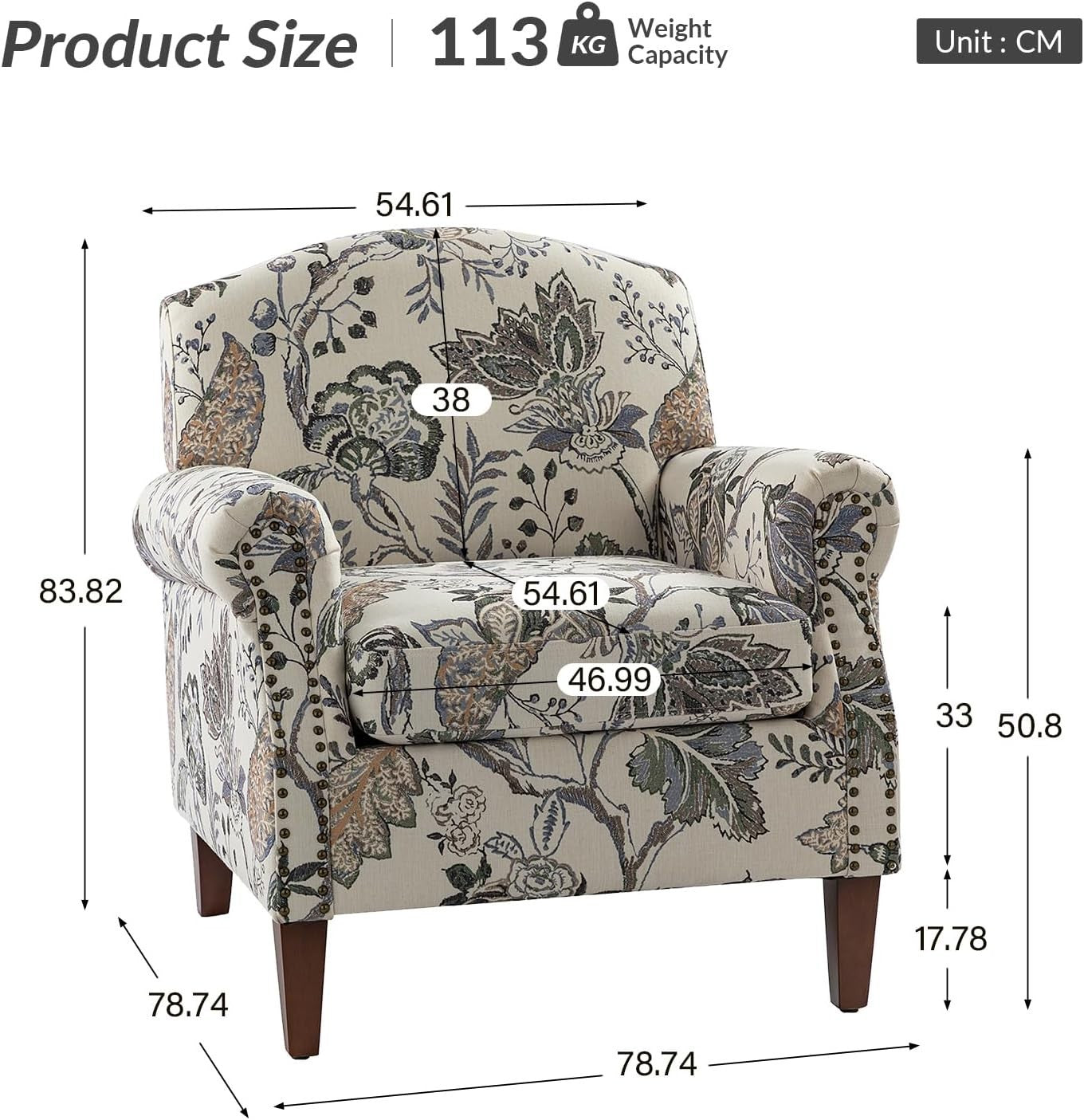 2x Grey Floral Accent Chairs Lounge Sofa Set Wood Legs Living Room
