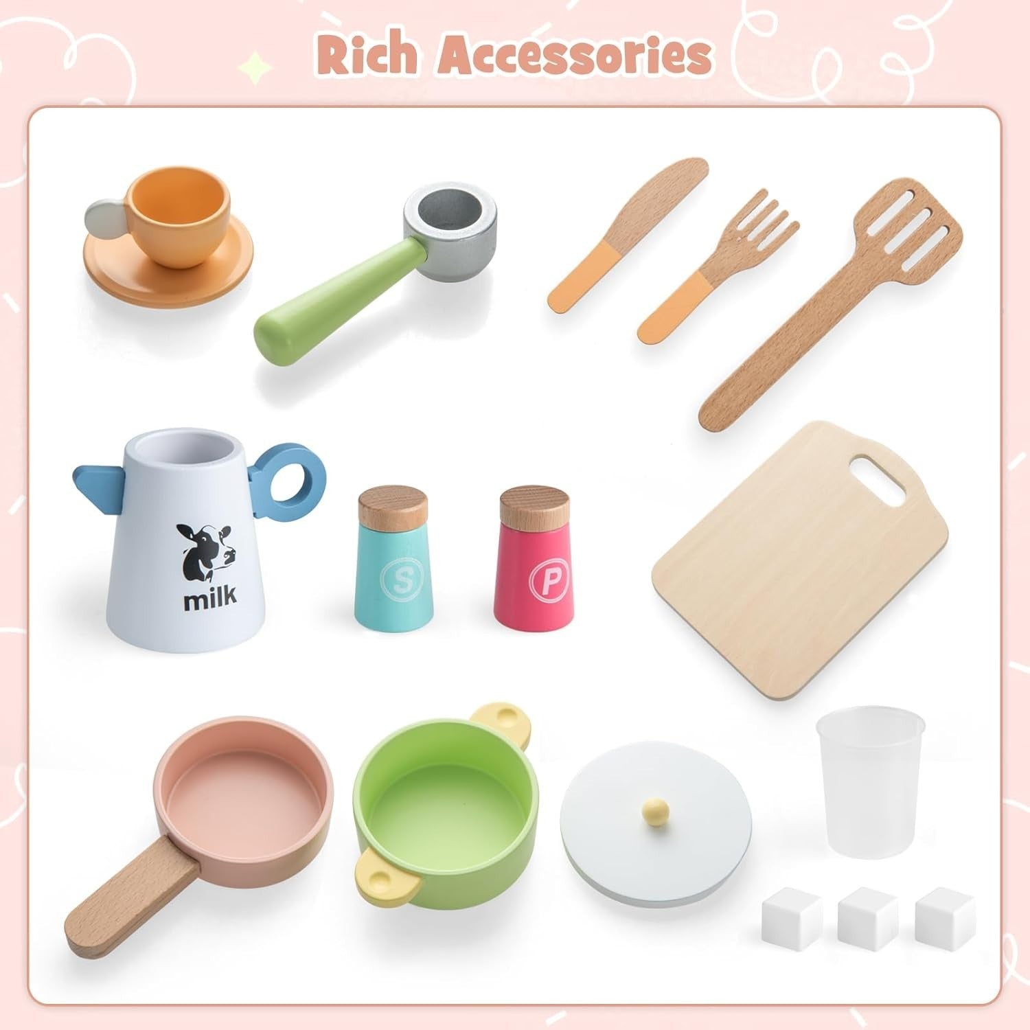 Retro Pink Wooden Play Kitchen Ice Maker Coffee Station Toy Set