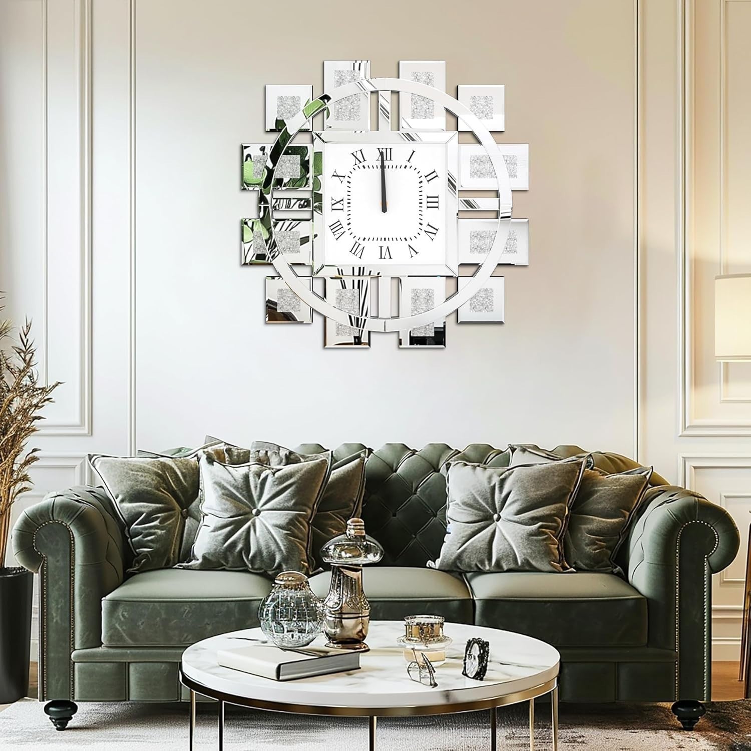 60cm Mirrored Wall Clock Crushed Diamond Inlay Roman Numerals Silent