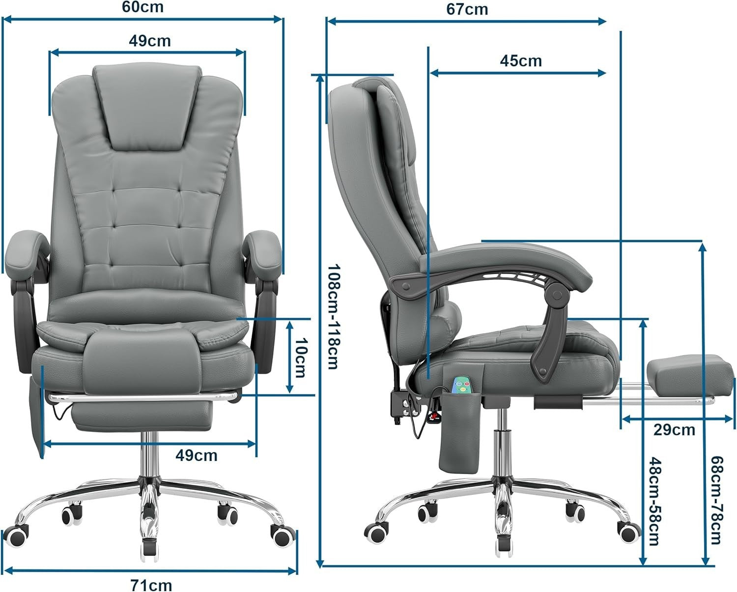 Ergonomic Massage Office Chair Recliner Footrest Gaming Desk Seat Grey