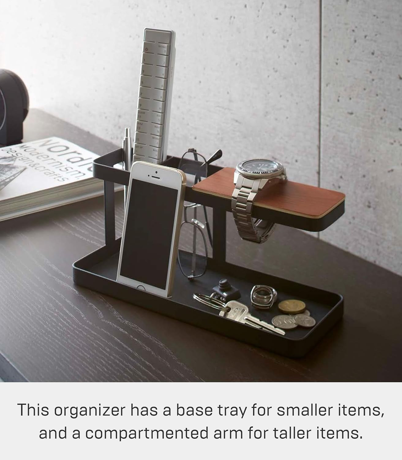 Minimalist Tower Desk Organizer with 3 Compartments – Black Wood/Steel