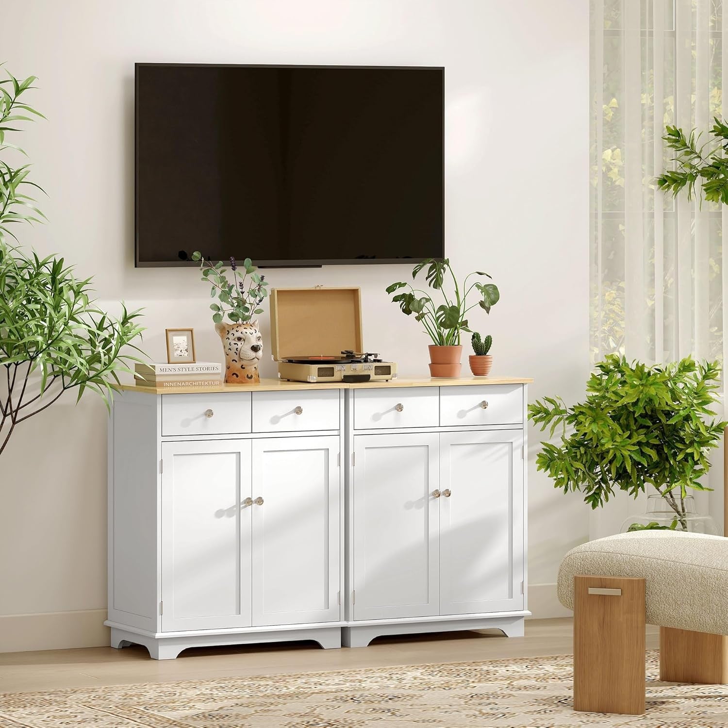 White Kitchen Sideboard Cabinet with Wood Top, Drawers & Adjustable Shelf