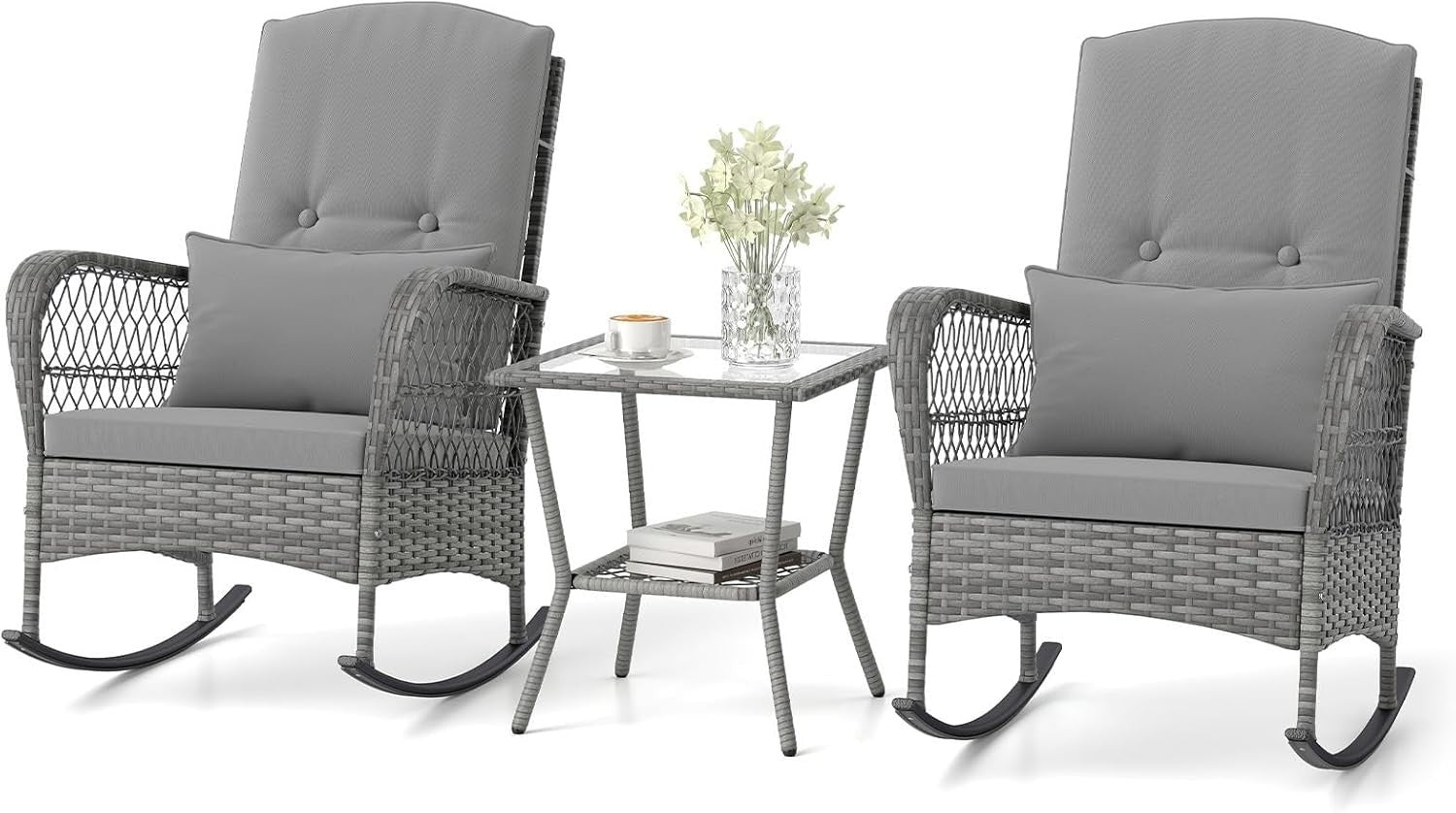 3pc Outdoor Rattan Rocking Bistro Set Cushioned Chairs Glass Table Patio