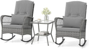 3pc Outdoor Rattan Rocking Bistro Set Cushioned Chairs Glass Table Patio