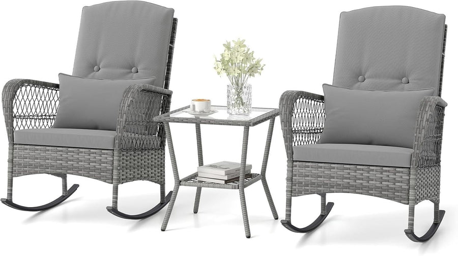3pc Outdoor Rattan Rocking Bistro Set Cushioned Chairs Glass Table Patio