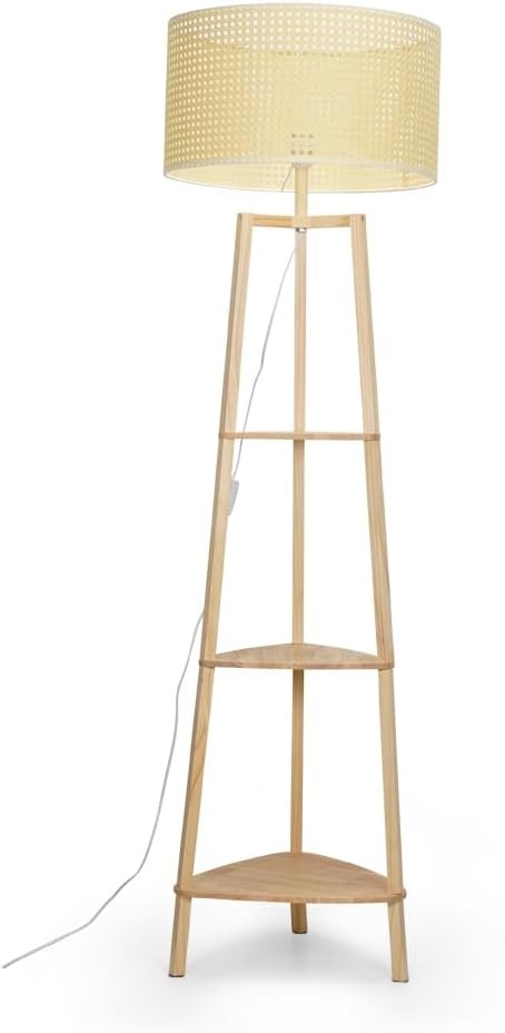 Wooden Floor Lamp with Shelves Rattan Shade Storage Standing Light LED