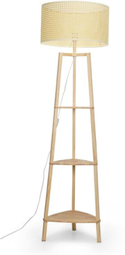 Wooden Floor Lamp with Shelves Rattan Shade Storage Standing Light LED