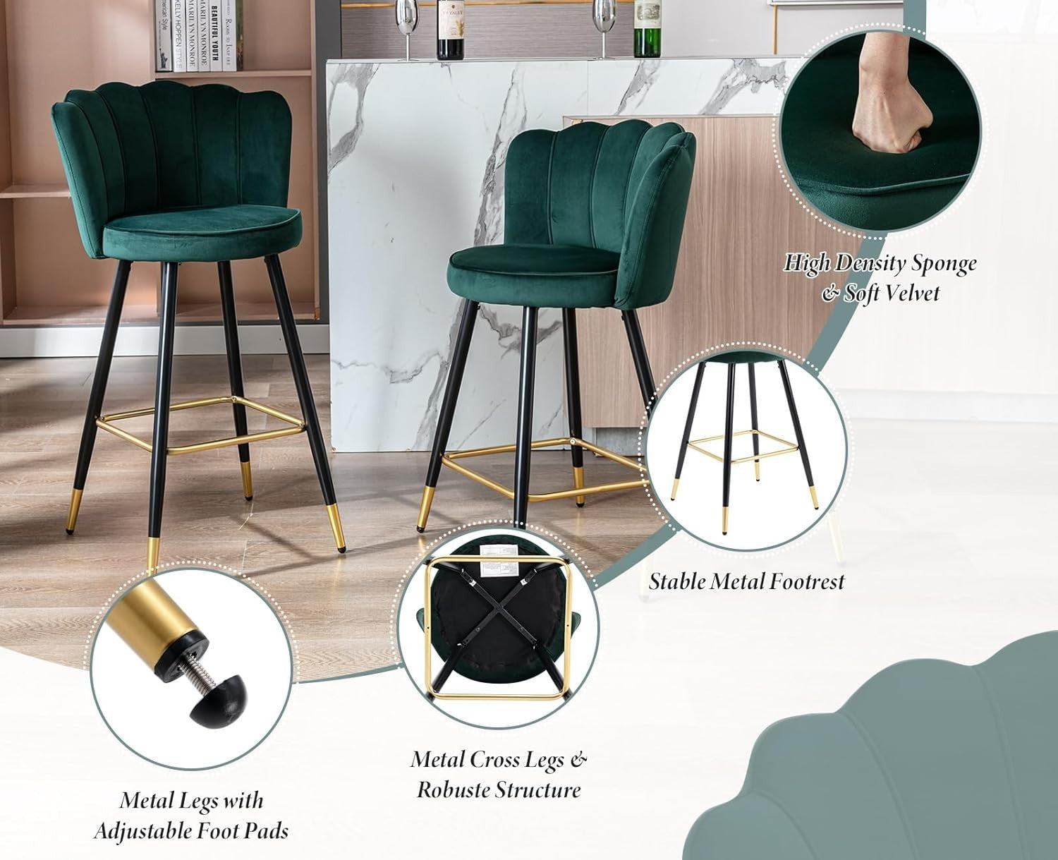 Green Velvet Bar Stools Set of 2 – Kitchen Counter Chairs