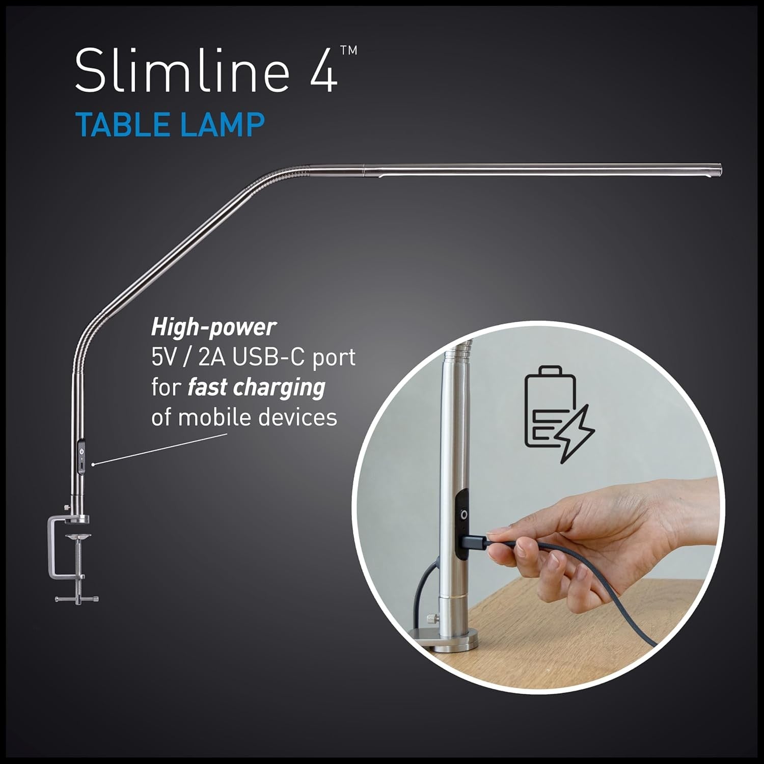 LED Desk Table Lamp Slimline Task Light 6000K USB-C Bright Anti-Glare