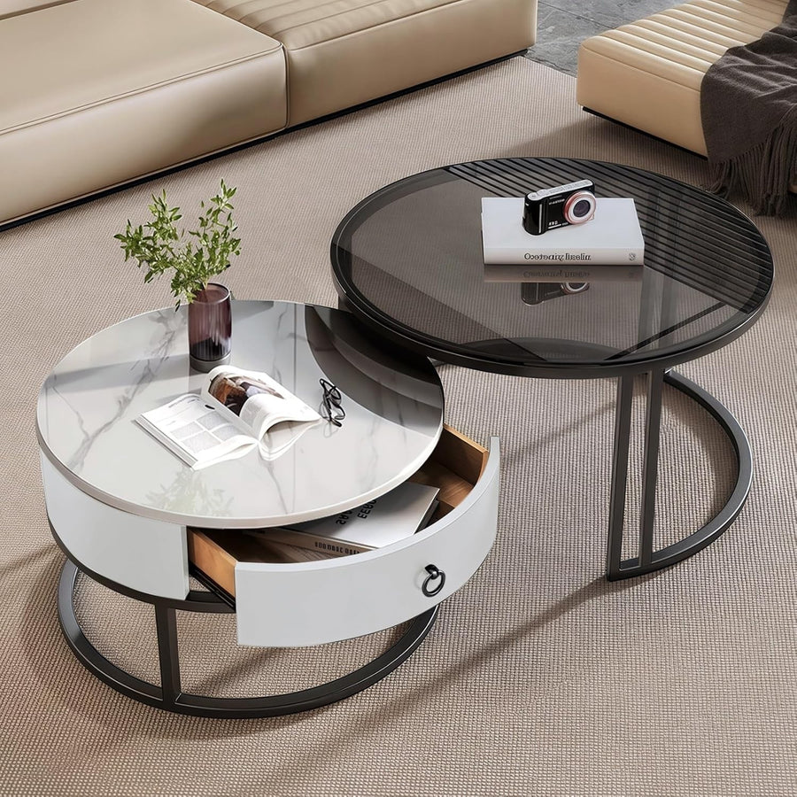 2-in-1 Nesting Coffee Table Set w/ Drawer, Marble & Glass Top, Space-Saving