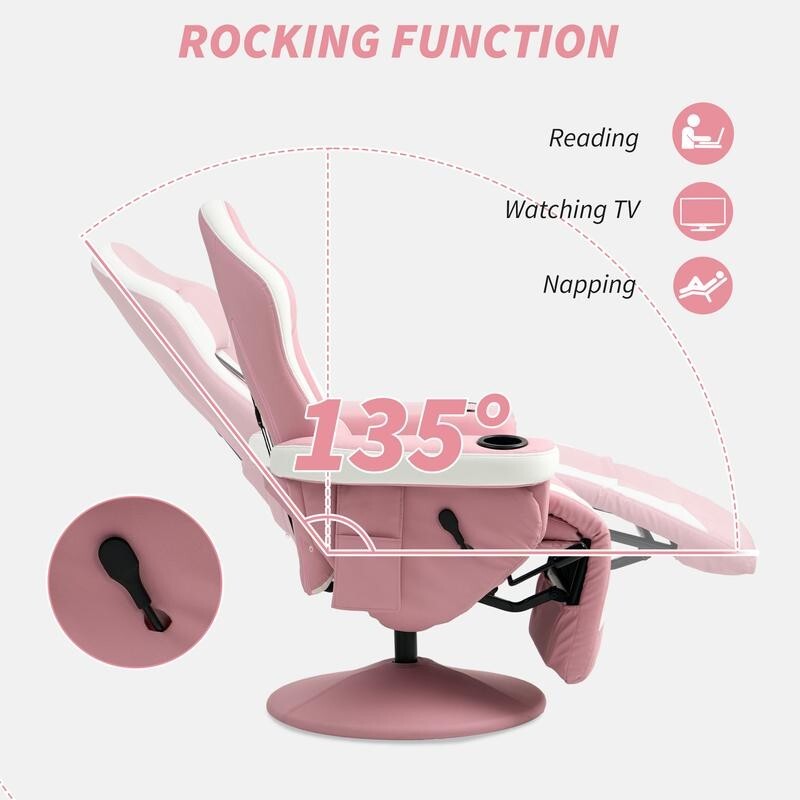 Pink Gaming Recliner Chair 360° Swivel PU Leather Seat w/ Footrest & Cups