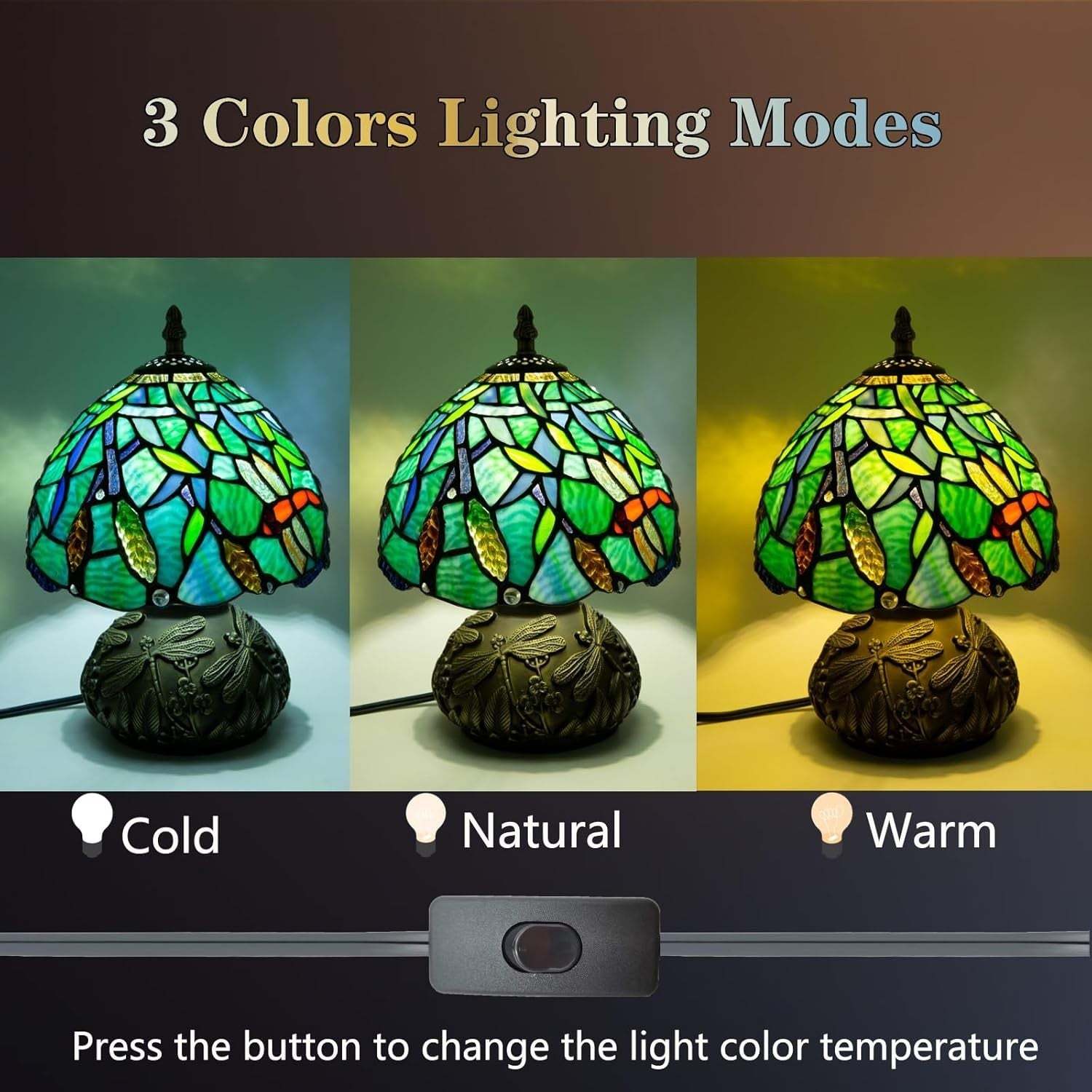 Small Tiffany Stained Glass Desk Lamp 8x8x11in 3 Color Temps Dragonfly Base