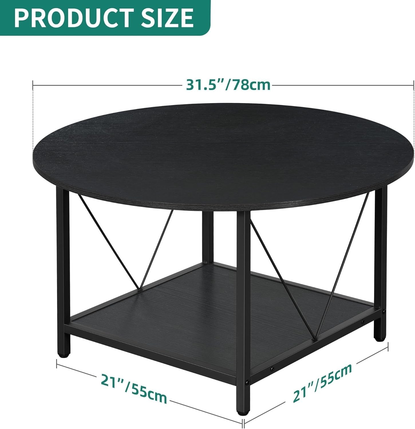 Round Coffee Table with Storage Shelf 80cm Industrial Rustic Metal Legs Black