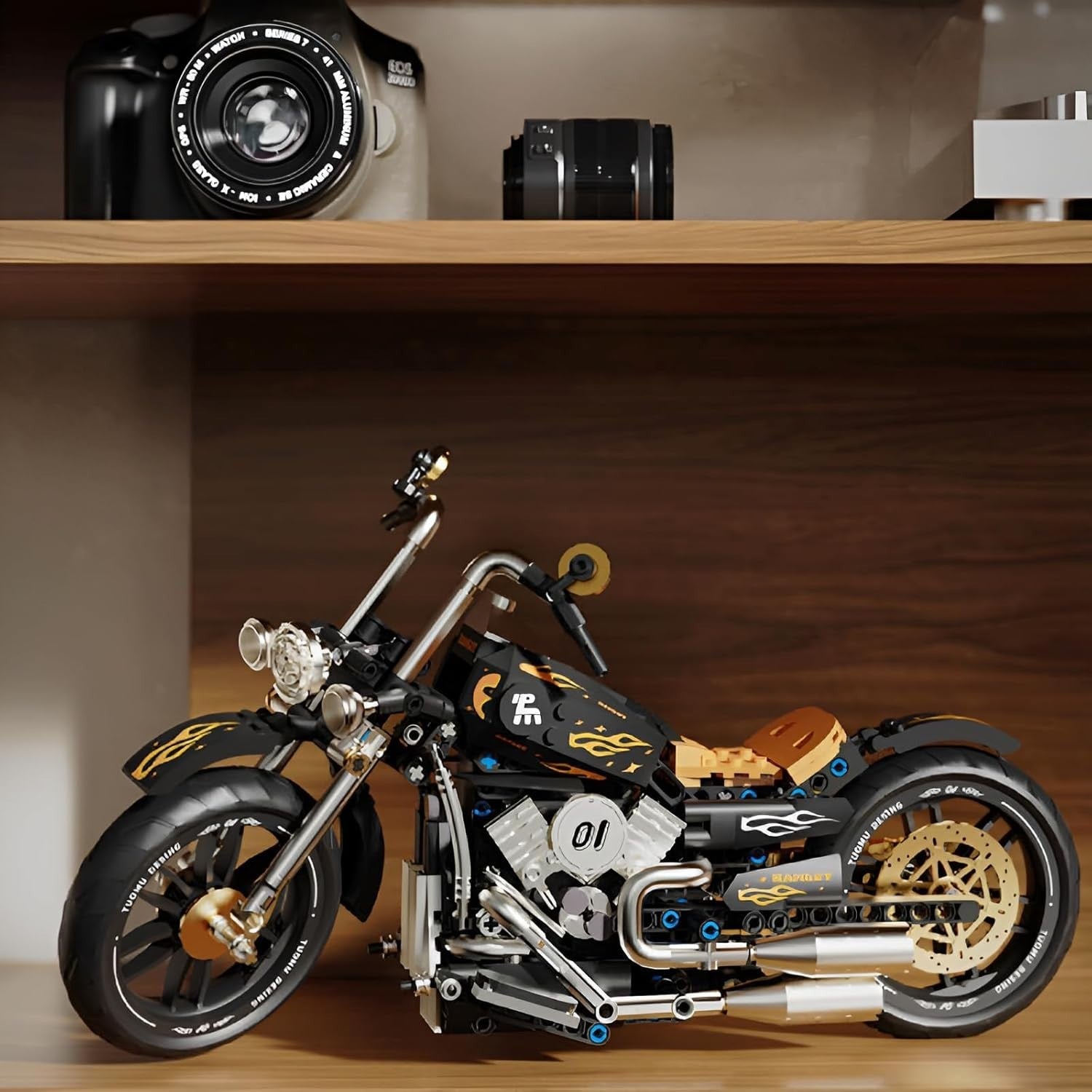 445-Piece Retro Motorcycle Model Kit with Chain Drive & Custom Stickers