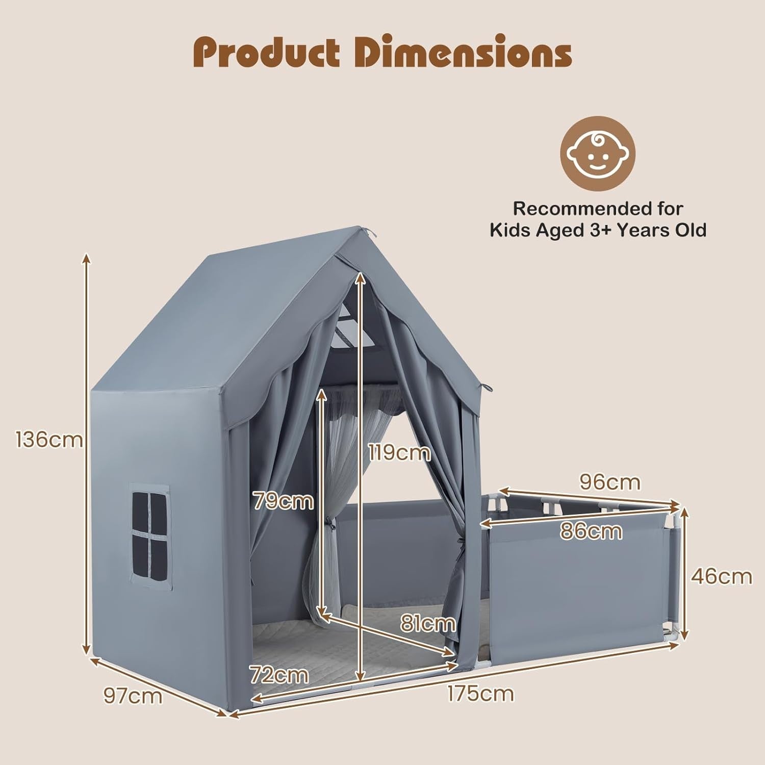 Kids Play Tent Grey Castle with Lights Mat Indoor Toddler Playhouse