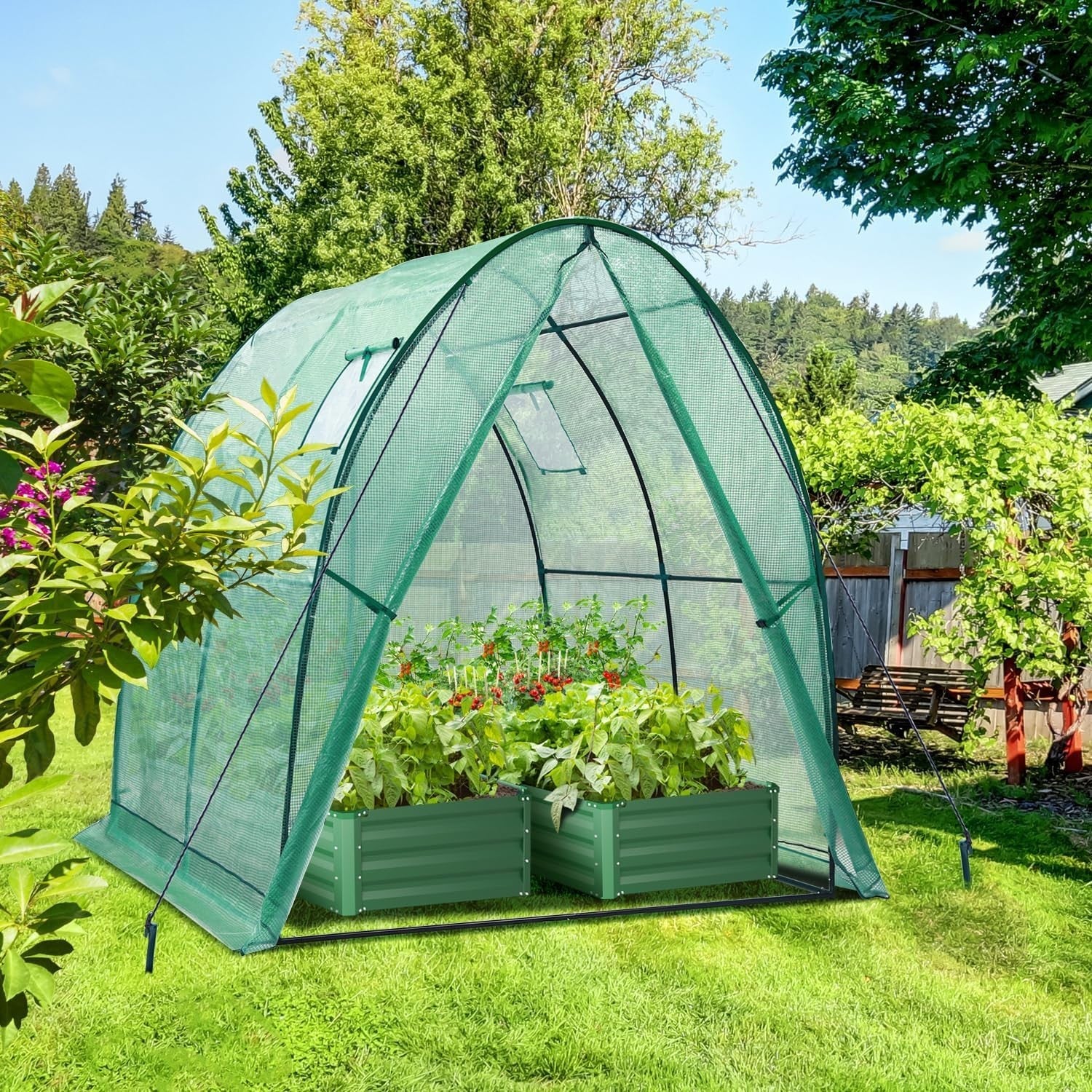 Portable Tunnel Greenhouse 1.8x1.8x2m Heavy Duty PE Cover with Mesh Windows