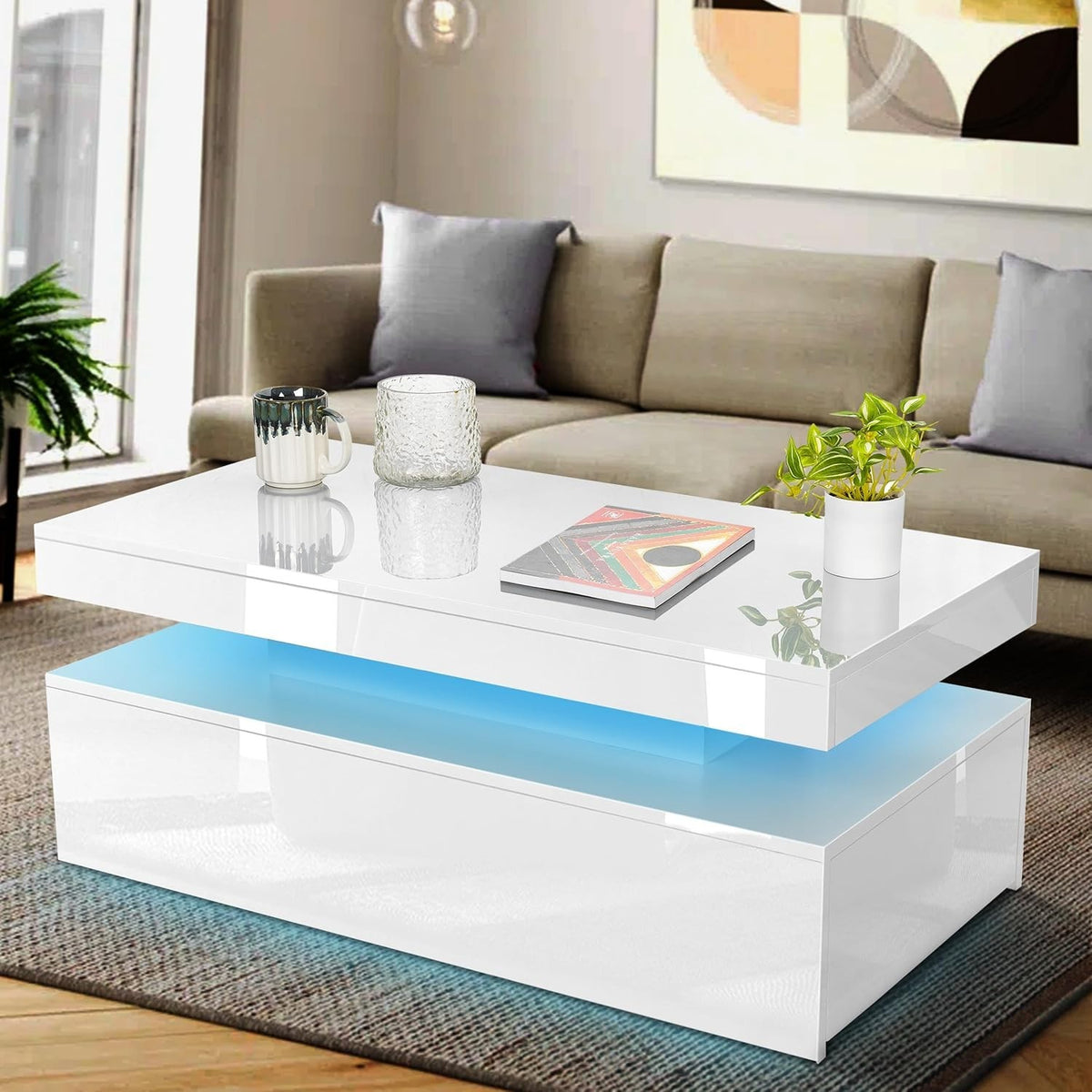 Modern White LED Coffee Table with 2 Drawers & RGB Lights 94x47x38cm