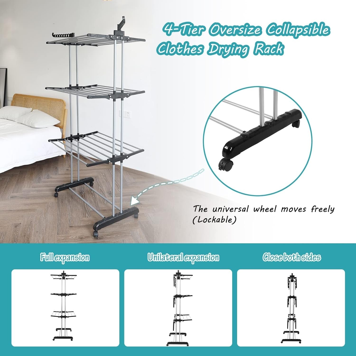 4 Tier Clothes Airer Folding Laundry Drying Rack with Wheels Heavy Duty Indoor