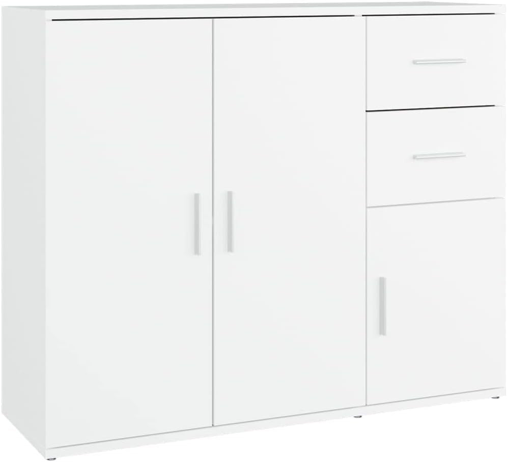Modern White Engineered Wood Sideboard Storage Cabinet with Drawers & Doors