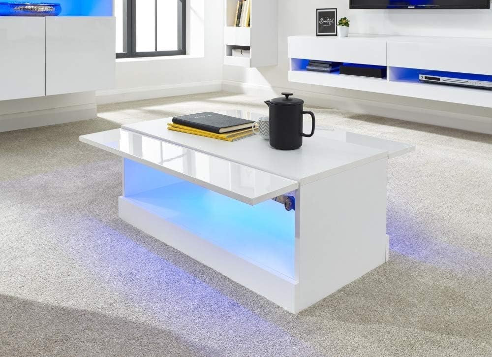 LED Coffee Table with Storage & High Gloss Finish – White Modern TV Unit