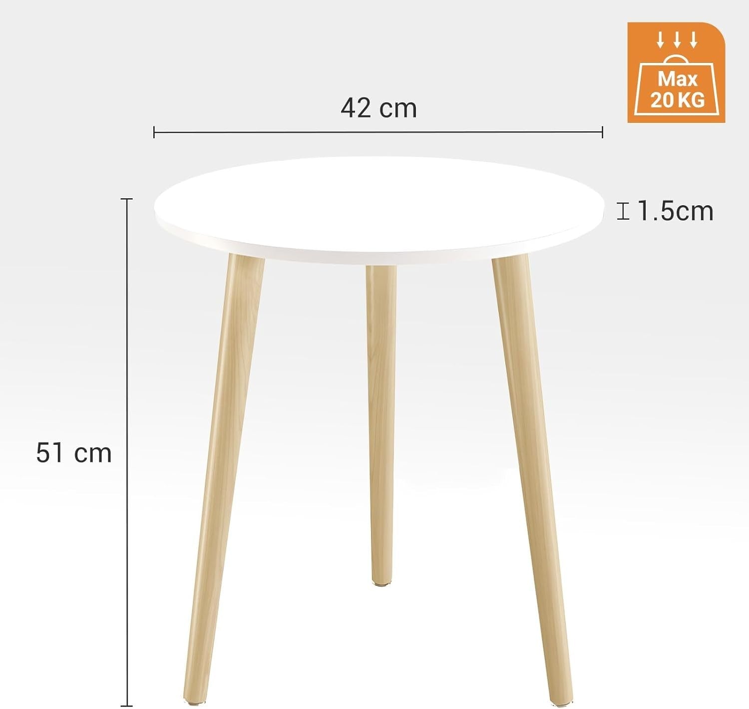 Small Round Side Table 42x42x51cm, Sturdy Iron Legs, White & Oak Finish