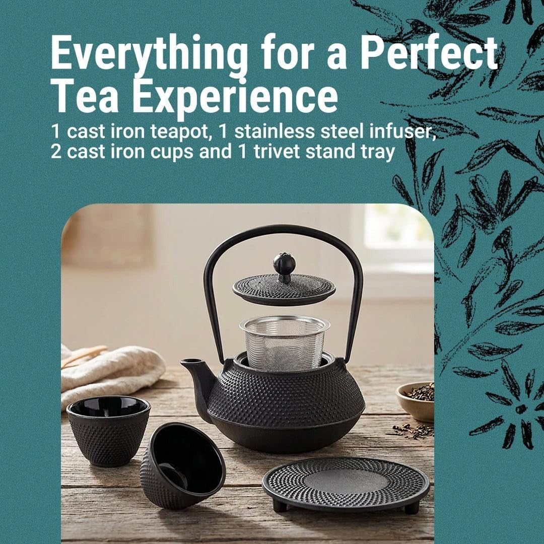 Cast Iron Teapot Set 800ml Japanese Tea Set Infuser Cups Trivet Black