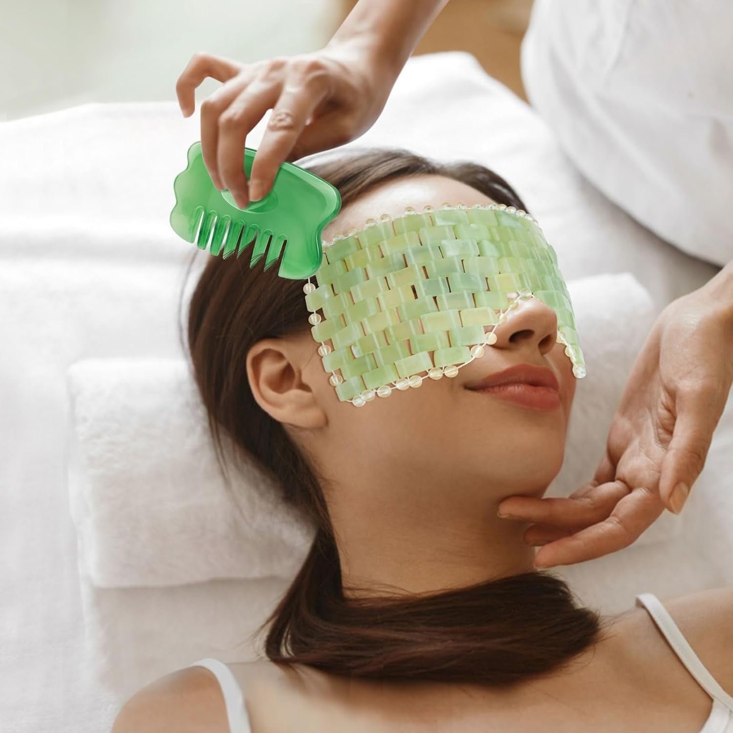 Jade Eye Mask & Gua Sha Scalp Comb Set Cooling Spa Kit