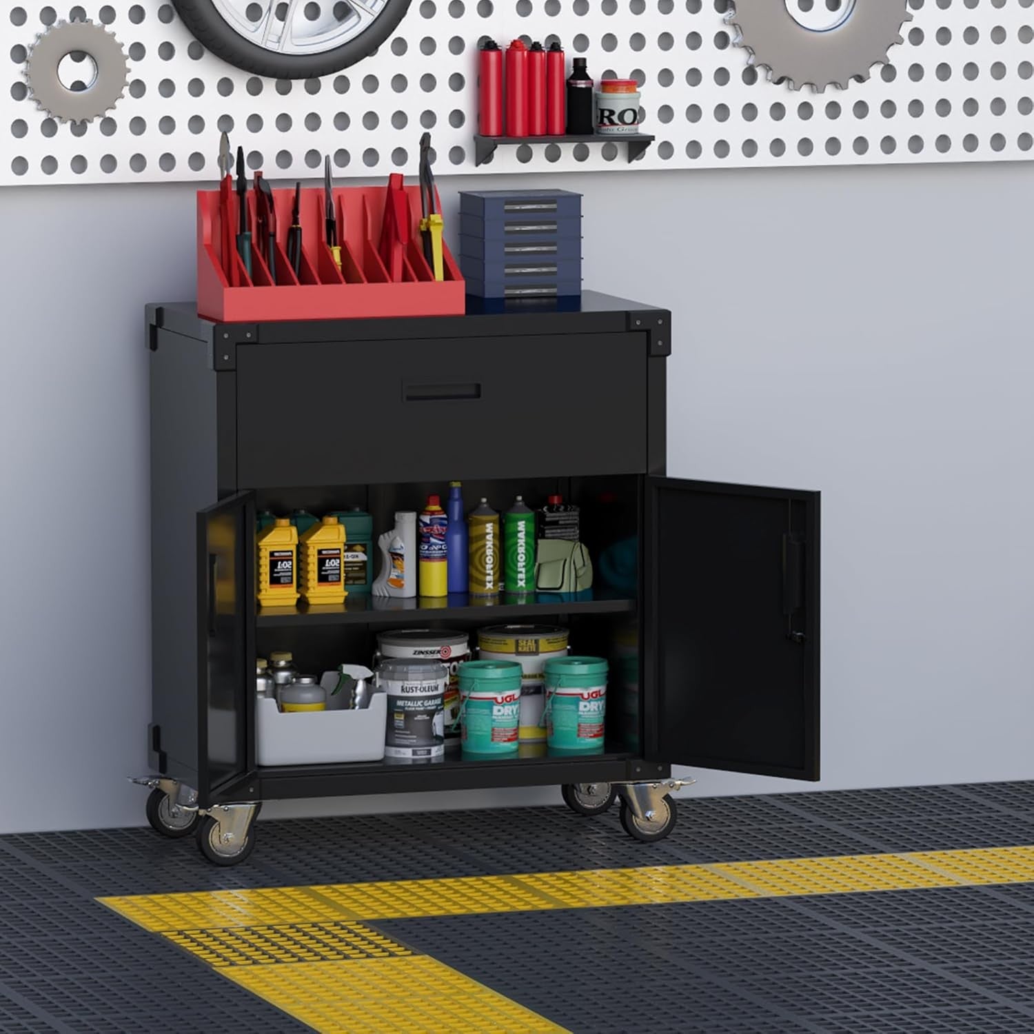 Metal Storage Cabinet with Wheels 2 Doors 1 Drawer Garage Office Organizer