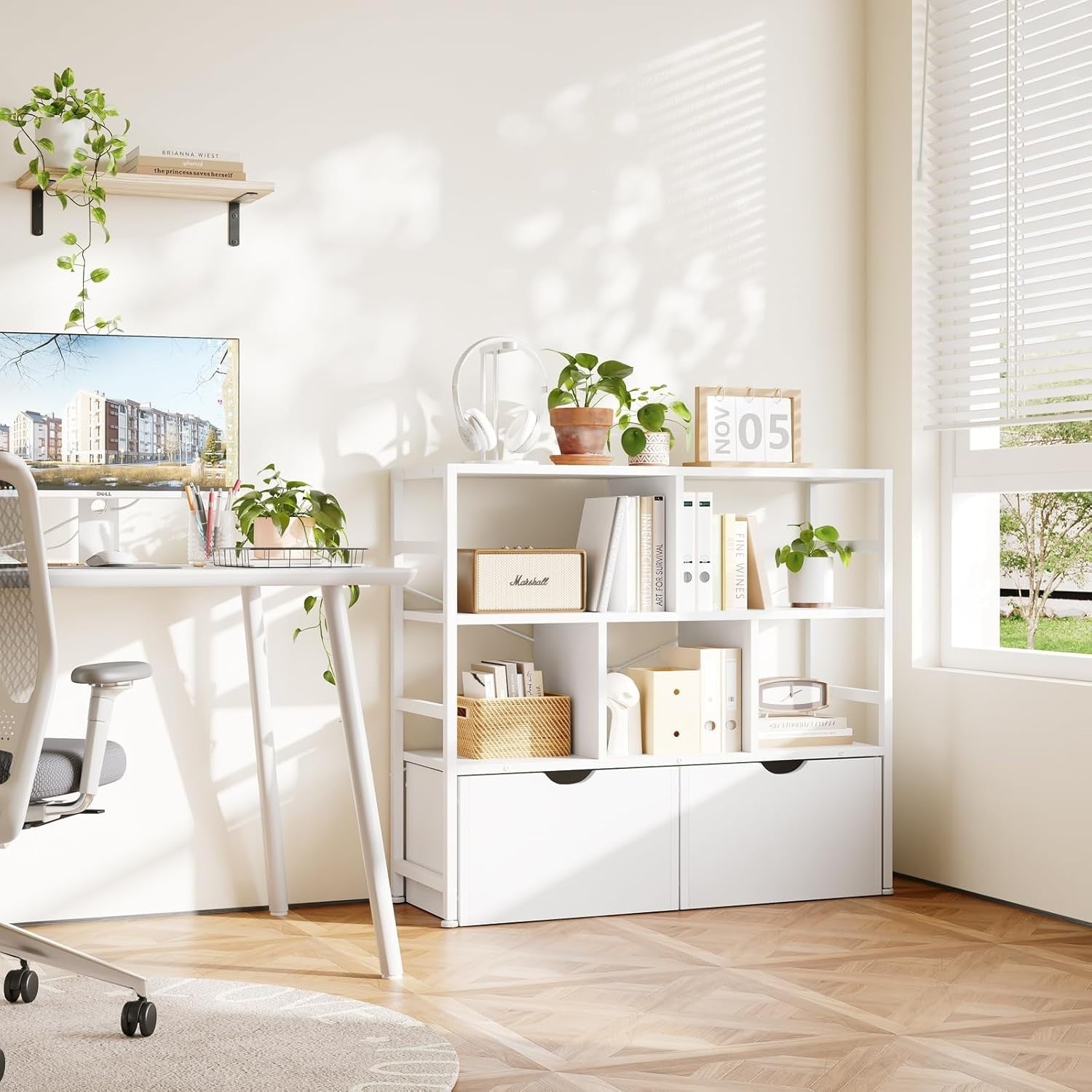 4 Tier White Bookcase with 2 Drawers Modern Storage Shelf for Living Room White