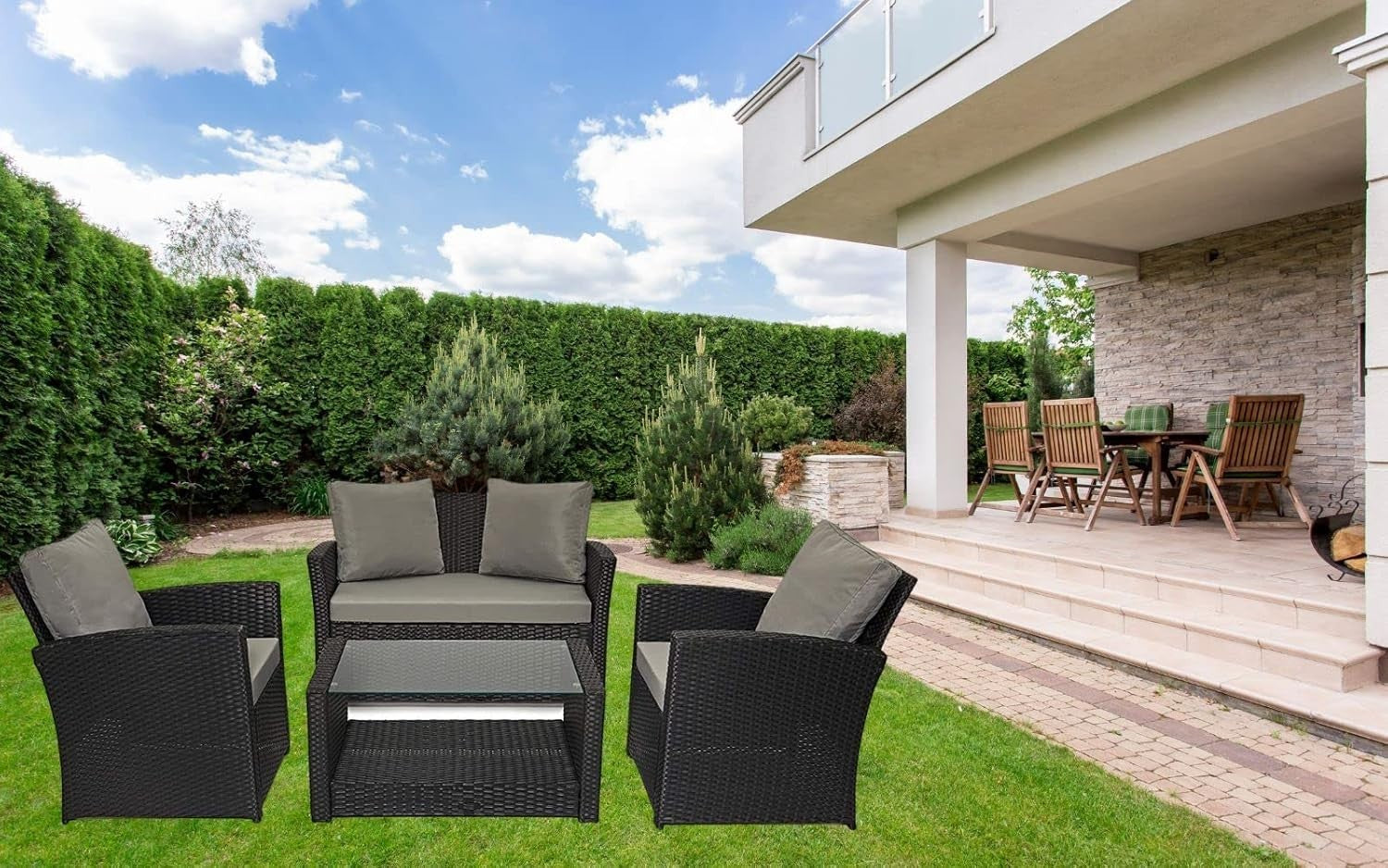 4 Seater Rattan Garden Furniture Set with Cushions & Glass Coffee Table
