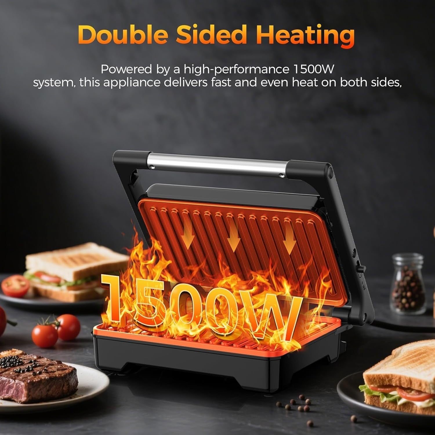 2 Slice Panini Press 1500W XXL Non Stick 28cm Silver