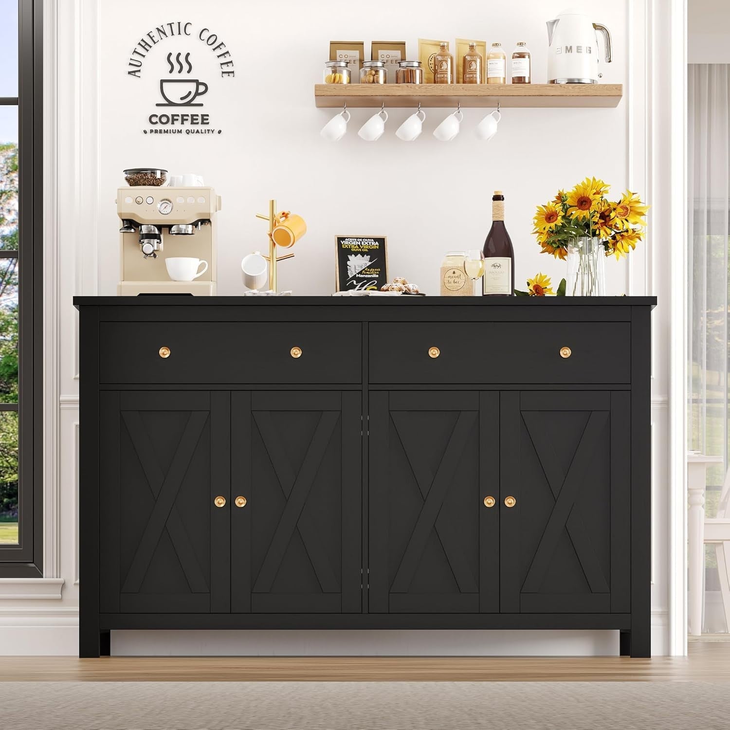 Black  Kitchen Sideboard Cabinet 3 Doors 2 Drawers Adjustable Shelves Large