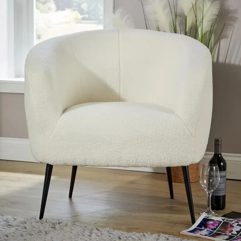 White Faux Fur Accent Chair Plush Round Back with Black Legs Lounge Seat