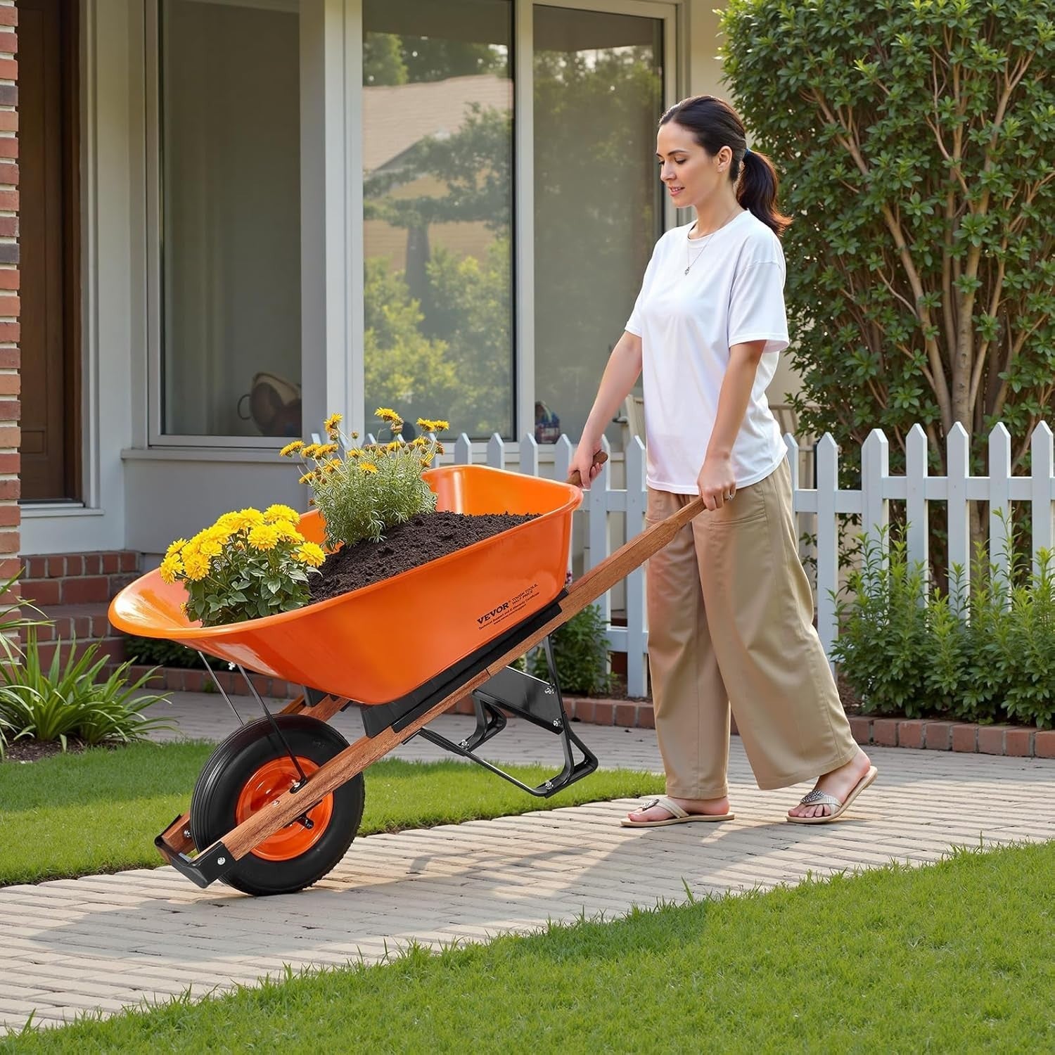 6 Cu Ft Orange Wheelbarrow – Metal Frame PU Tyre Heavy Duty for 150kg Loads