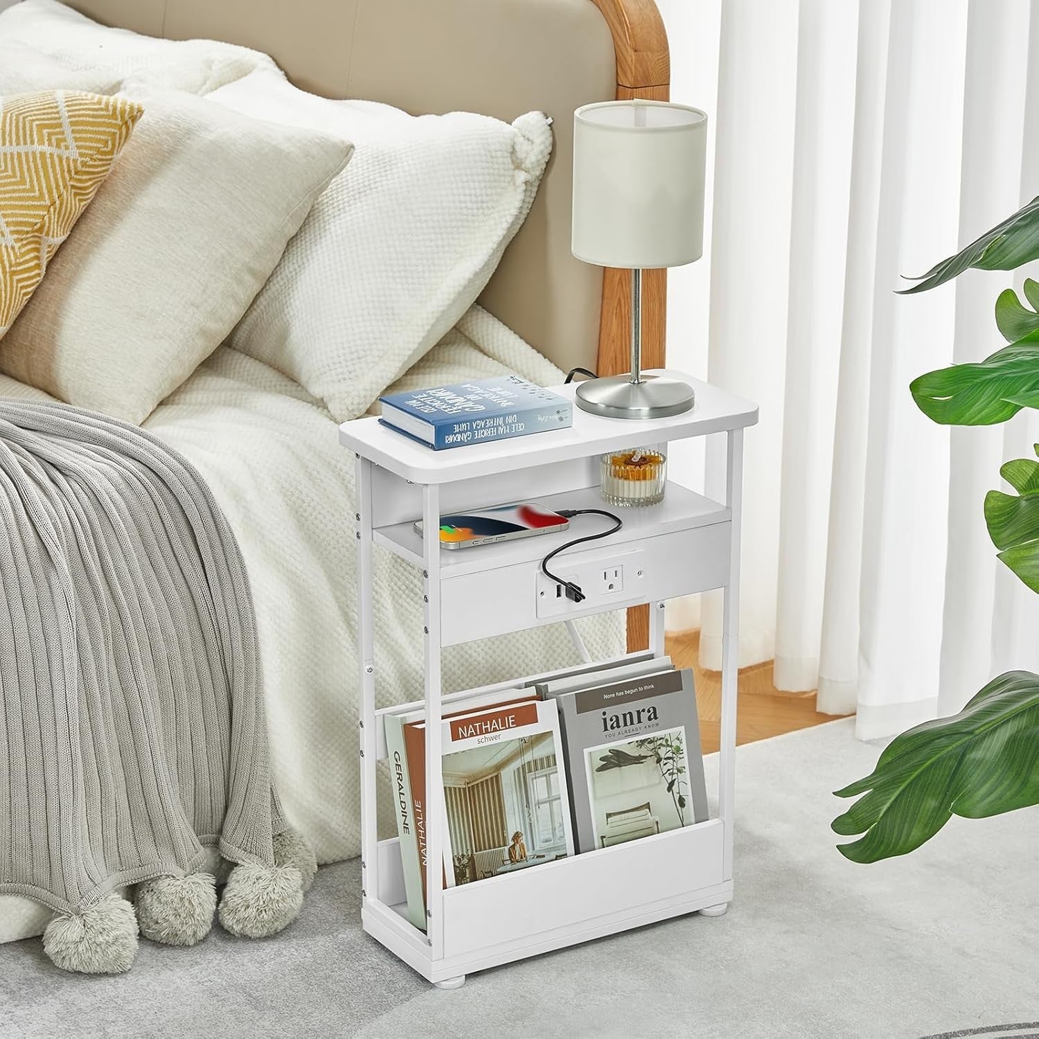 Slim White Side Table with USB Charging Ports – 3-Tier Small End Table