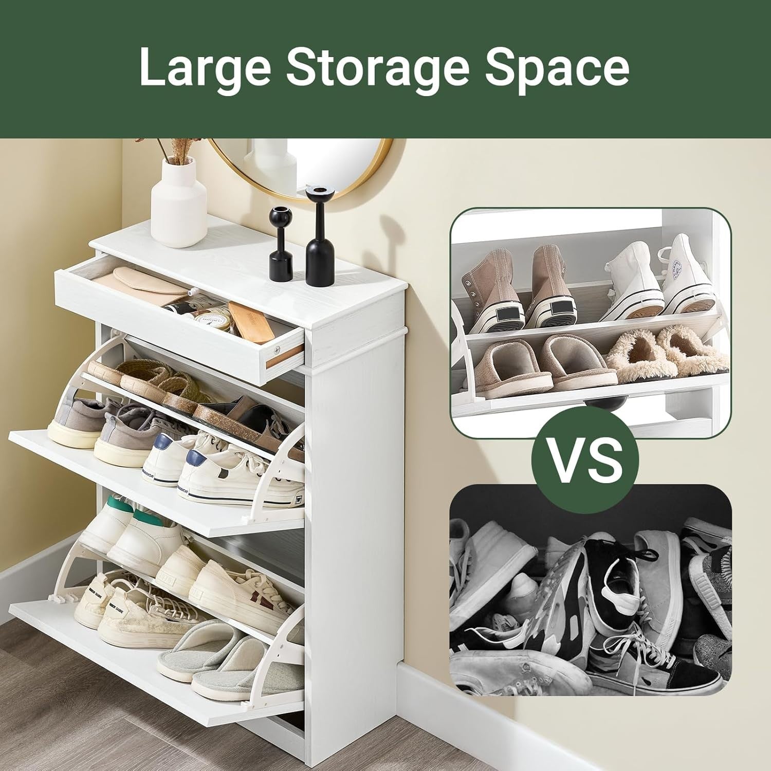 2-Drawer Slim Shoe Cabinet with Flip Drawers, 54x24x82 cm White Vintage Wood