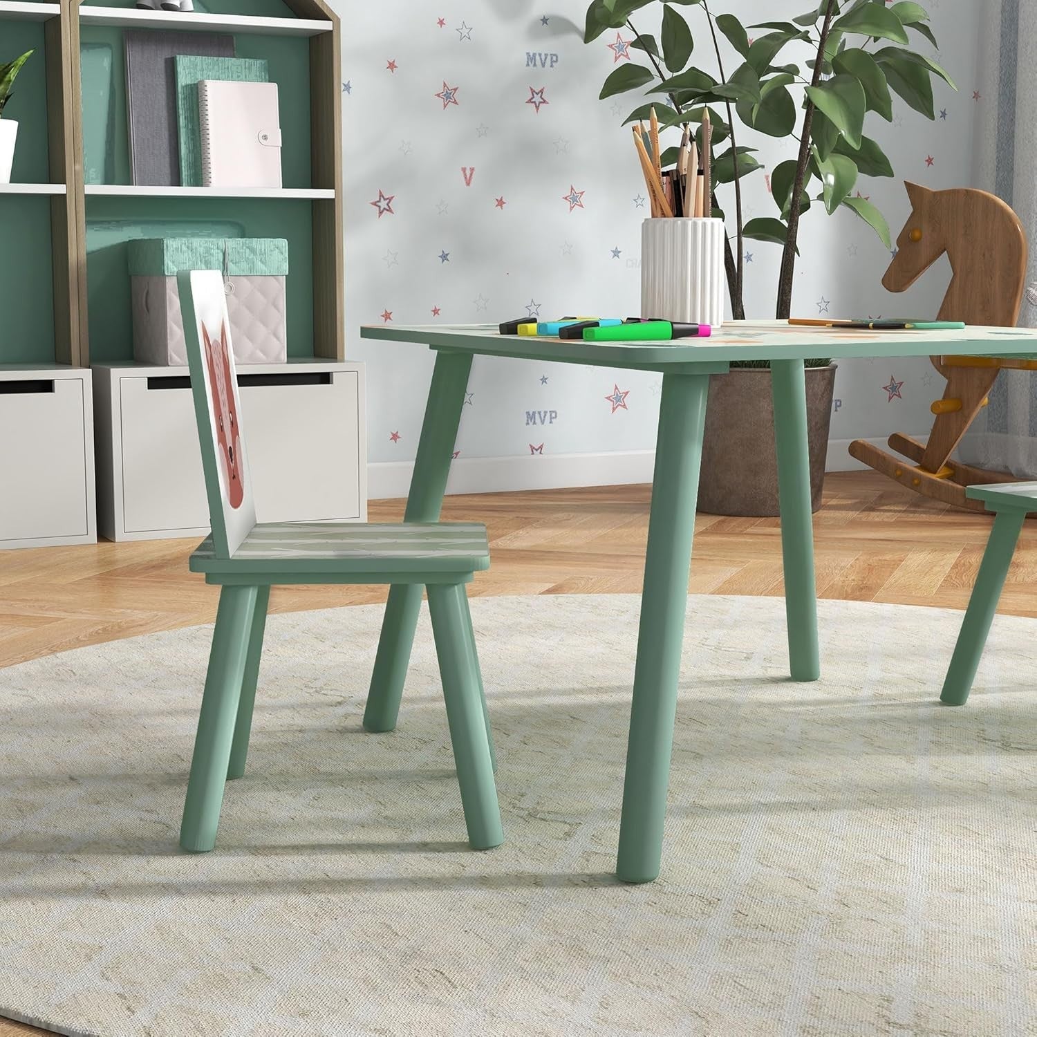 Kids Table & Chairs Set with Easel, Chalkboard & Paper Roll, Sturdy Pine
