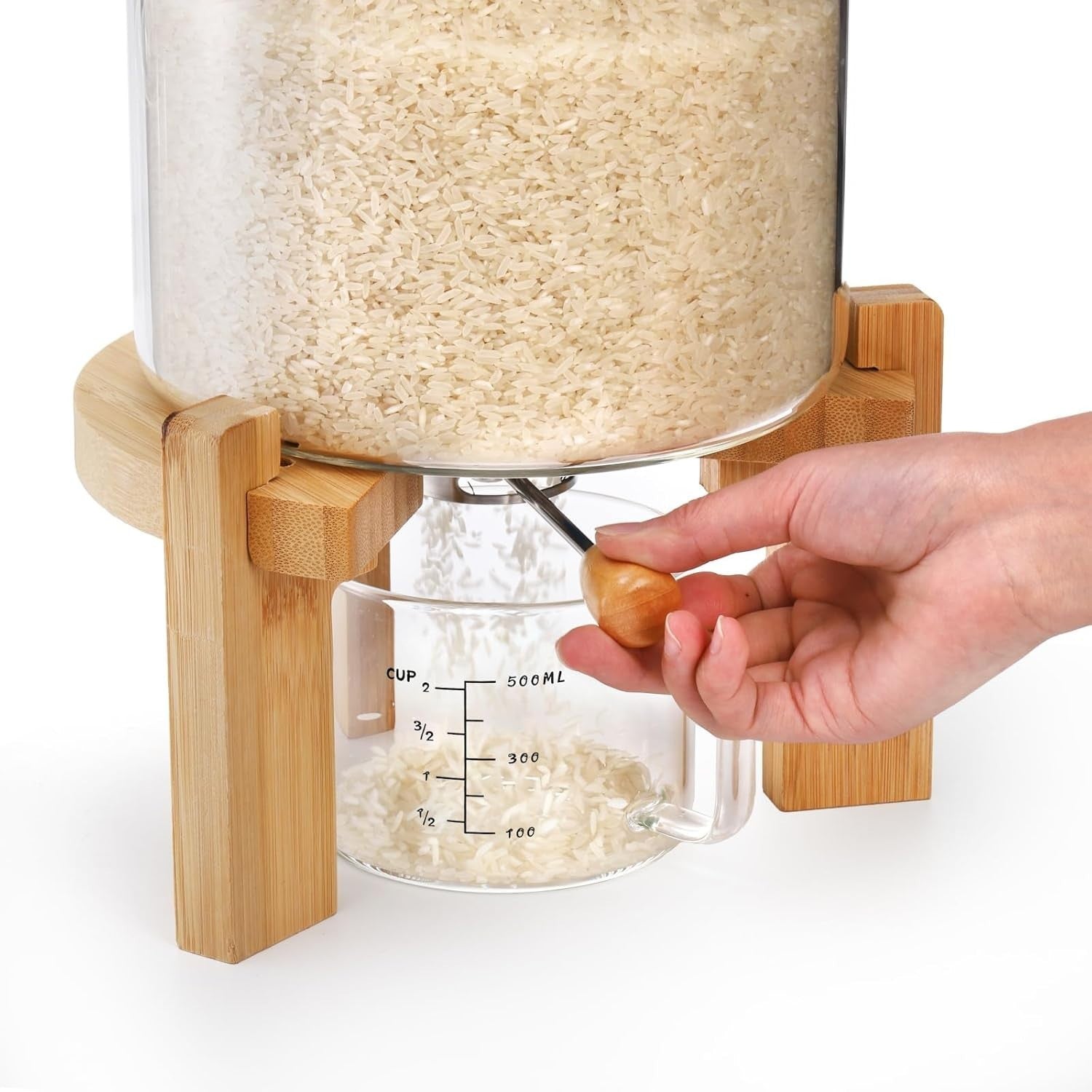 5L Glass Rice Dispenser Airtight Bamboo Stand w Measuring Cup
